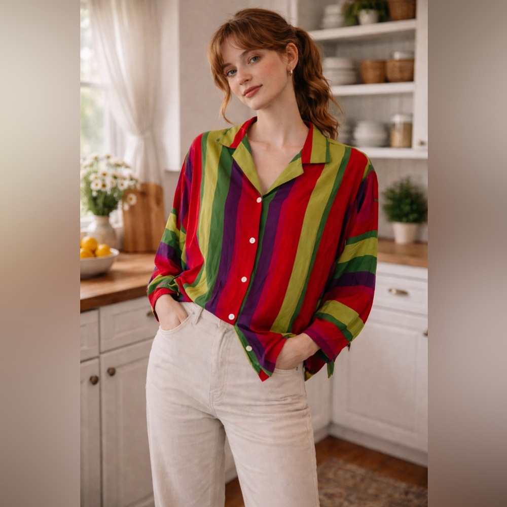 VNTG 80s colorful‎ Stripe Long Sleeve silk Blouse shirt pop artistic retro sz 10